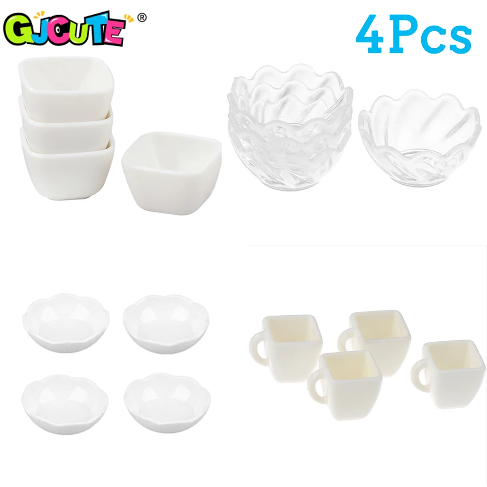 

4Pcs/lot 1/12 Scale Dollhouse Miniature Bowl Dish White Round Square Doll House Kitchen Dinning Accessories Play House Toys