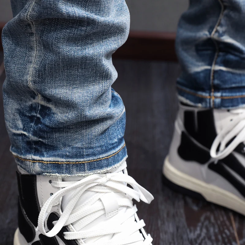 Streetwear Fashion Men Jeans Retro Blue Elastic Hole Skinny Ripped Jeans Men Patched Designer Stretch Hip Hop Brand Pants Hombre