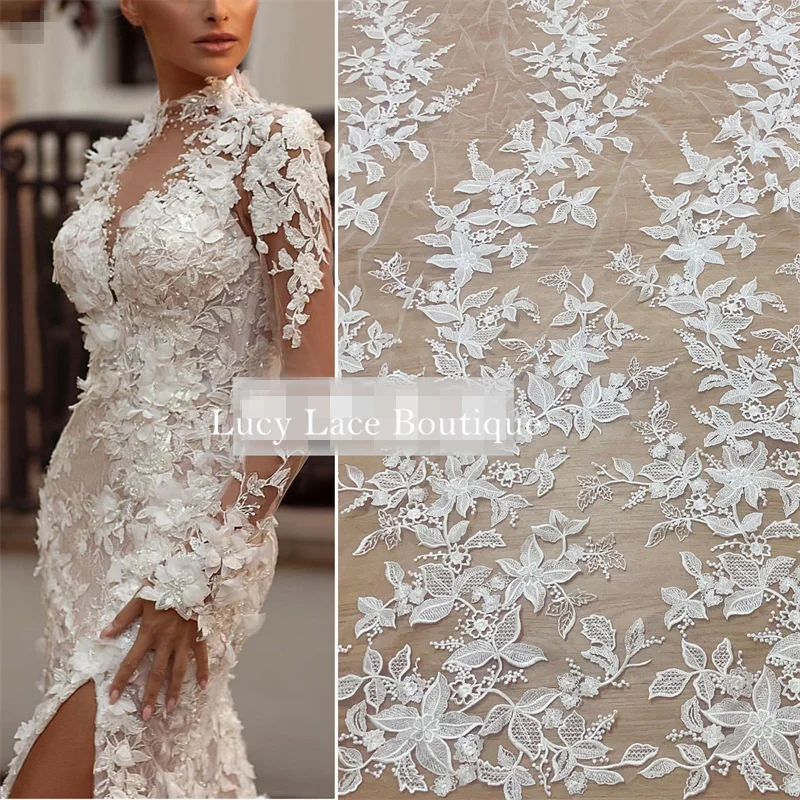 

2023 NEW Embroidery Plain Lace Tulle Mesh Wedding Dress Lace Fabric Material Off White Polyester 1 Yard