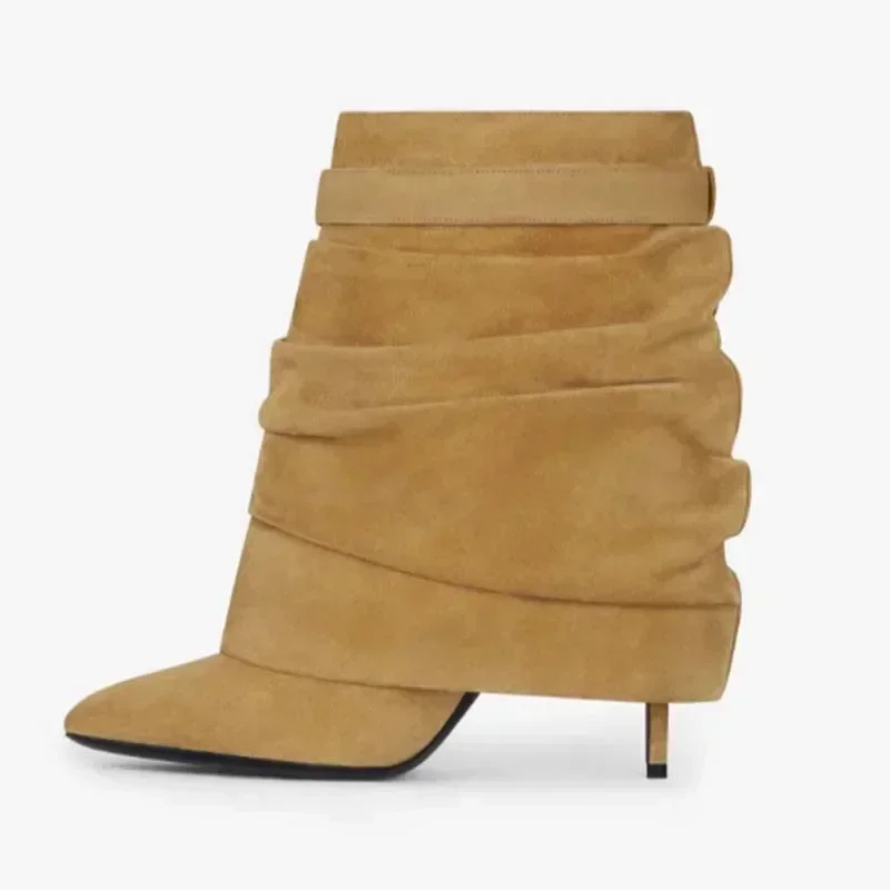 2024 зимние новые модные плиссированные ботильоны с металлическими пуговицами и