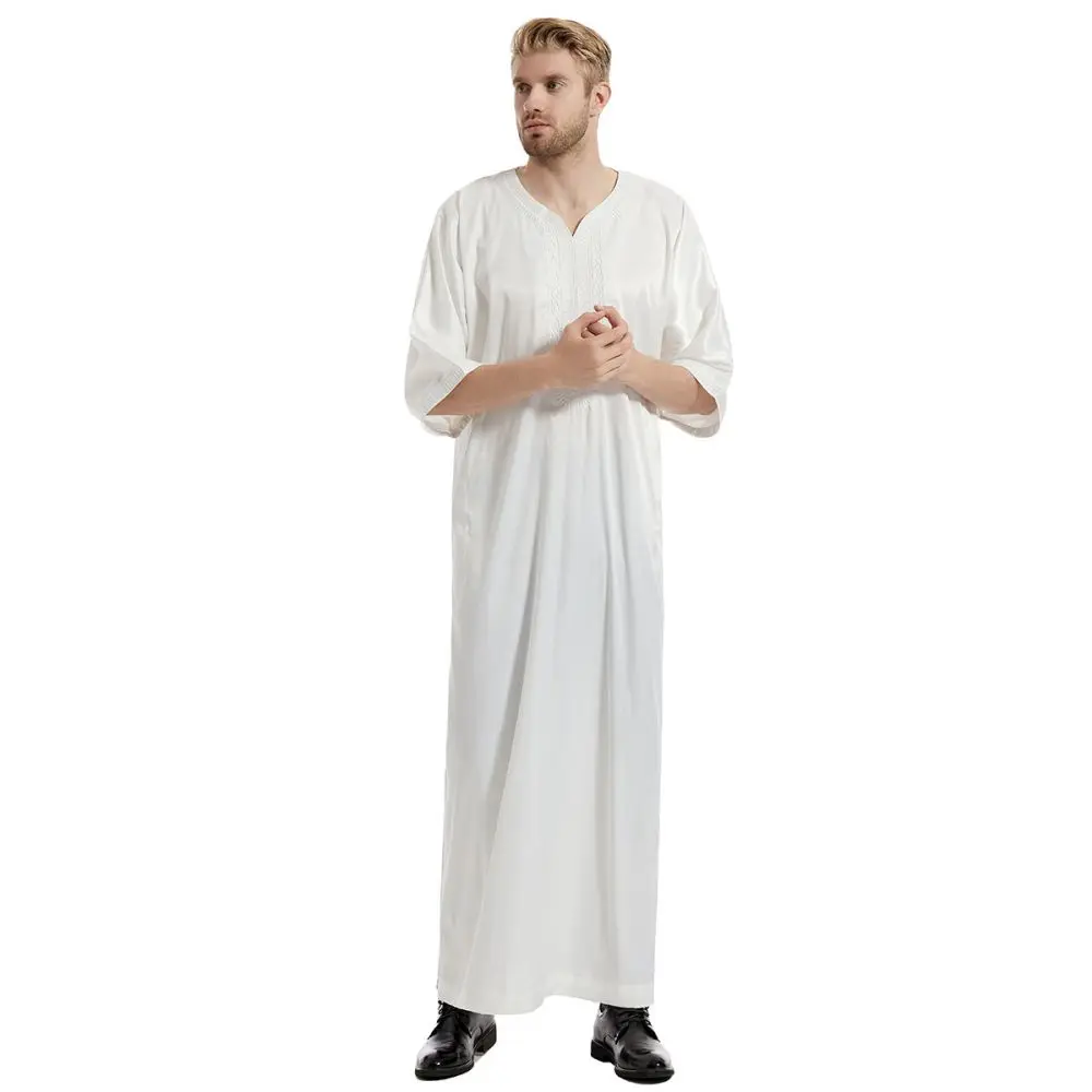 Middle East Muslim Robe Men's Arab Islamic National Costume New Satin Mid-Sleeve High Sense Top Large Size Loose Long T-Shirt