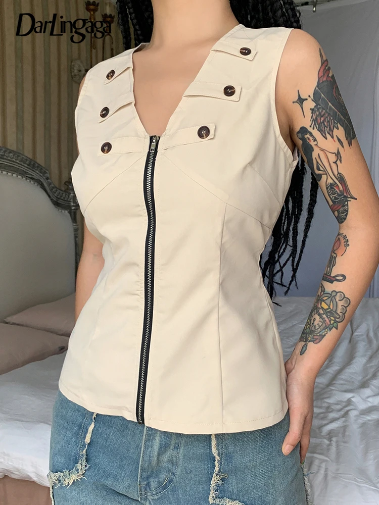 

Darlingaga V Neck Chic Khaki Zipper Summer Tank Top Sleeveless Fashion Elegant Backless Sexy Vest Party Cropped Tops Fairycore