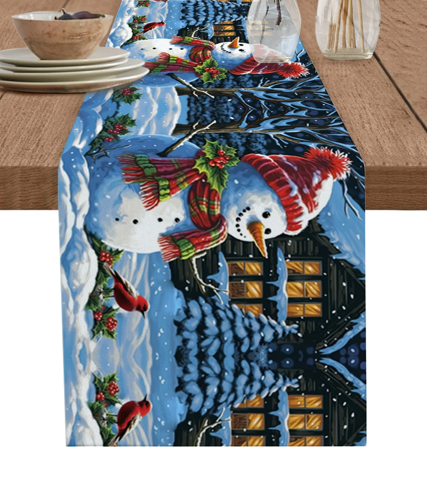 

Christmas Snowman Bird Berry House Table Runner Christmas Decoration Tablecloth Wedding Party Decor Table Cover