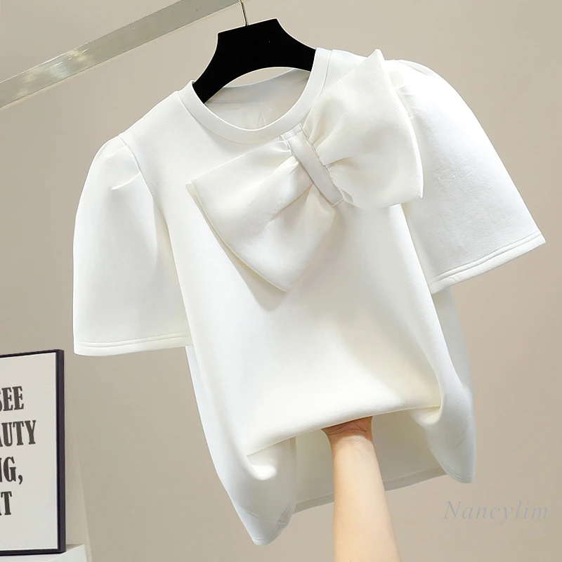 

Fashion T-Shirt for Women Summer 2022 Vintage Puff Short Sleeve Sweet Tridimensional Big Bow Round Neck Pullover Loose Tops