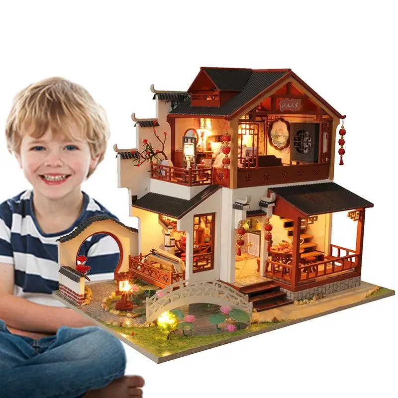 

Miniature House Kit Glowing Wooden Chinese Building Model Craft Toy 1:24 Scale DIY Accessories With Furniture For Kids Teens