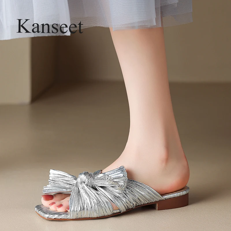 

Женские летние тапочки Kanseet 2023, модная женская обувь из микрофибры с бантом-бабочкой, повседневные женские тапочки ручной работы на плоской подошве, Новинка