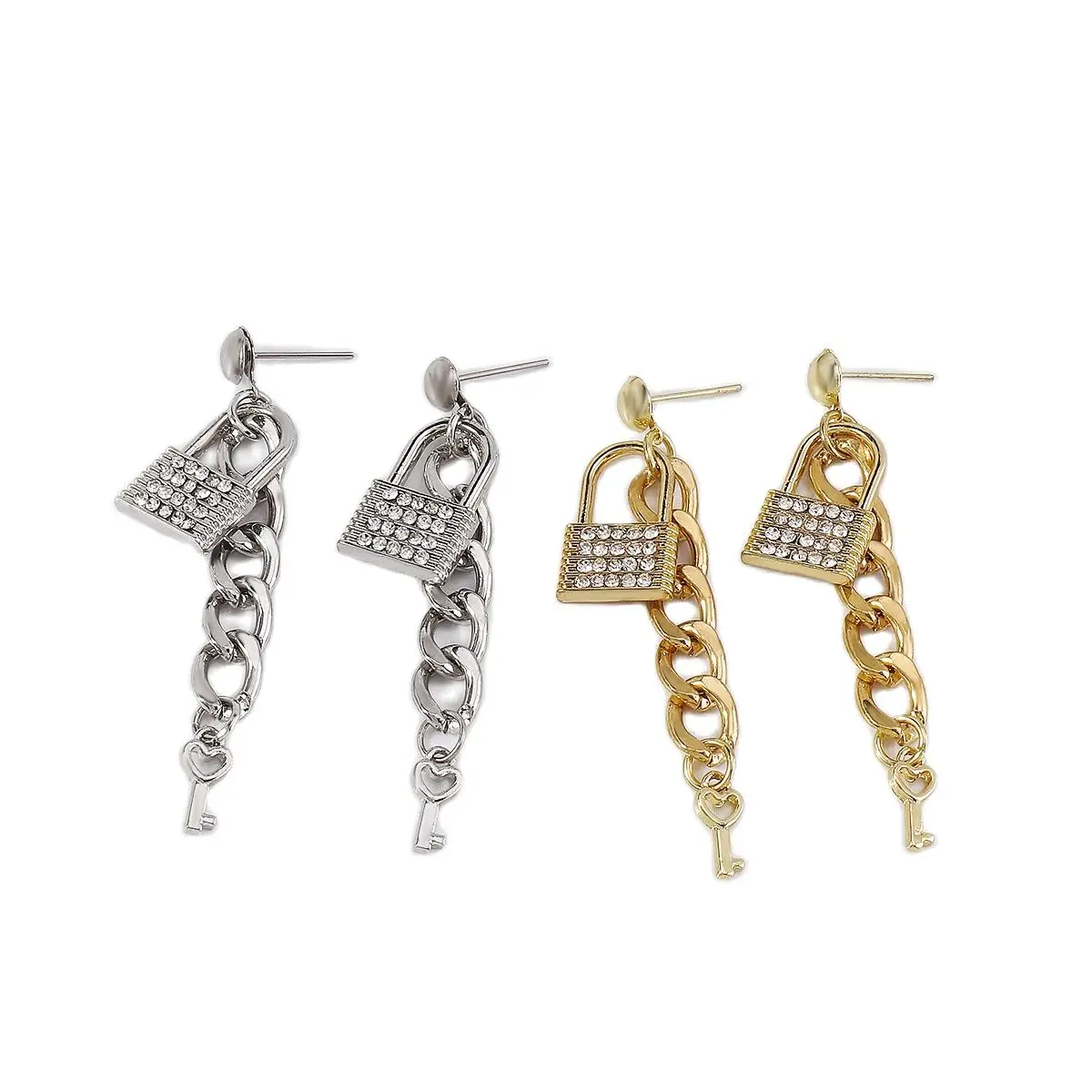 

New Stainless Steel Lock Key Micro Inlaid Water Diamond Women's Earrings Chain Earrings Women's