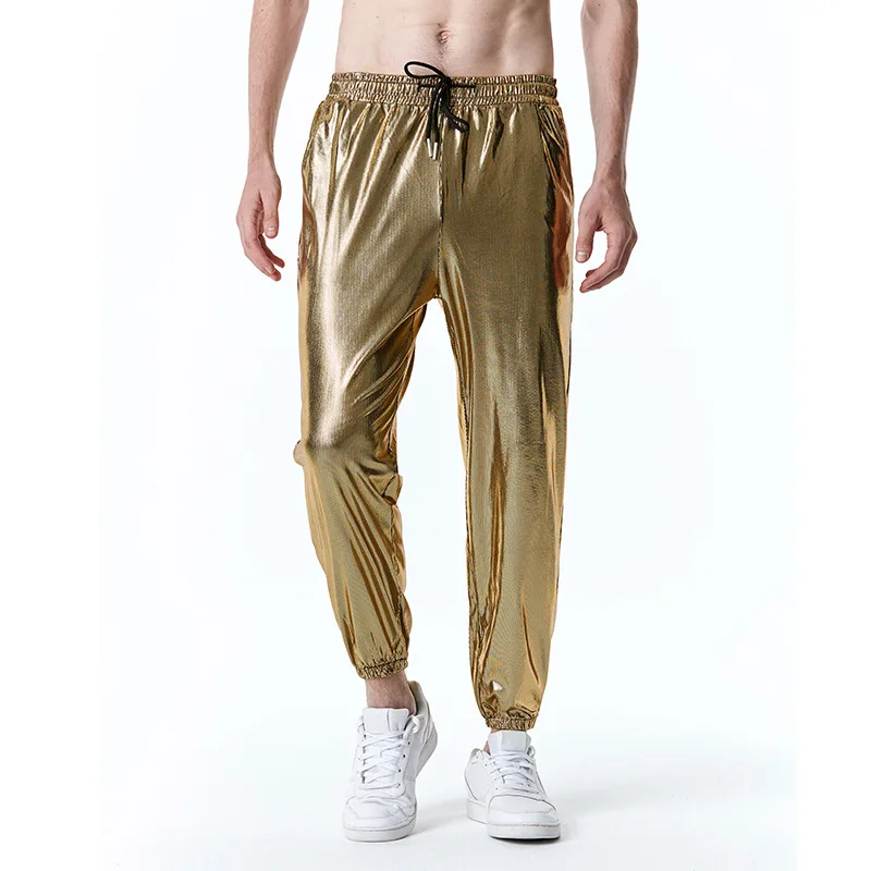 

Mens Shiny Gold Coated Metallic Jogger Pants Stylish 70s Disco Party Casual Sweatpants Men Nightclub Stage Pants for Singers 3XL