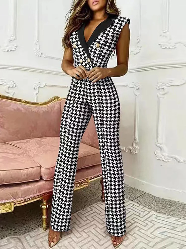 

Summer Jumpsuits Women 2022 Fashion Houndstooth Print Elegant Office Ladies Button Rompers Casual Wide Leg Pants Playsuits Woman