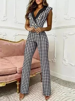 summer jumpsuits women 2022 fashion houndstooth print elegant office ladies button rompers casual wide leg pants playsuits woman