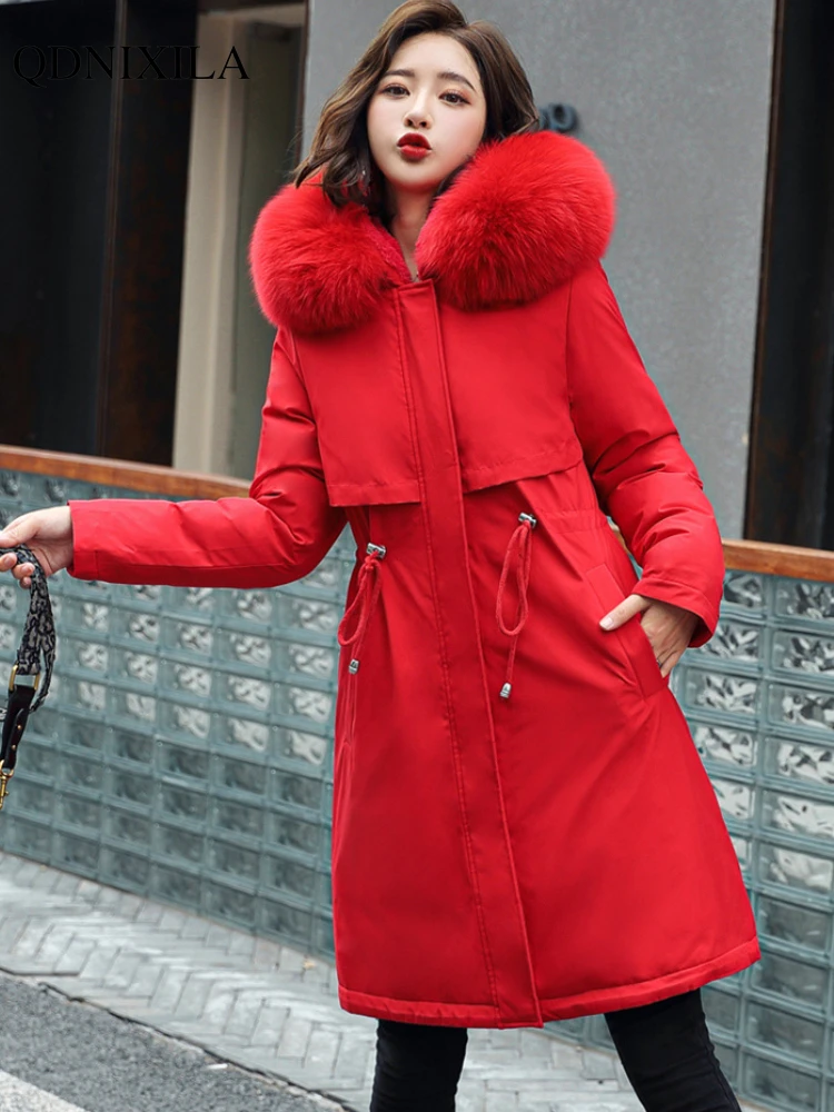 2023 Winter New Women's Parkas Plush Cotton Jacket Thick Coat with Hood Oversized Midi Long Wool Collar Warm Padded Hot Coats