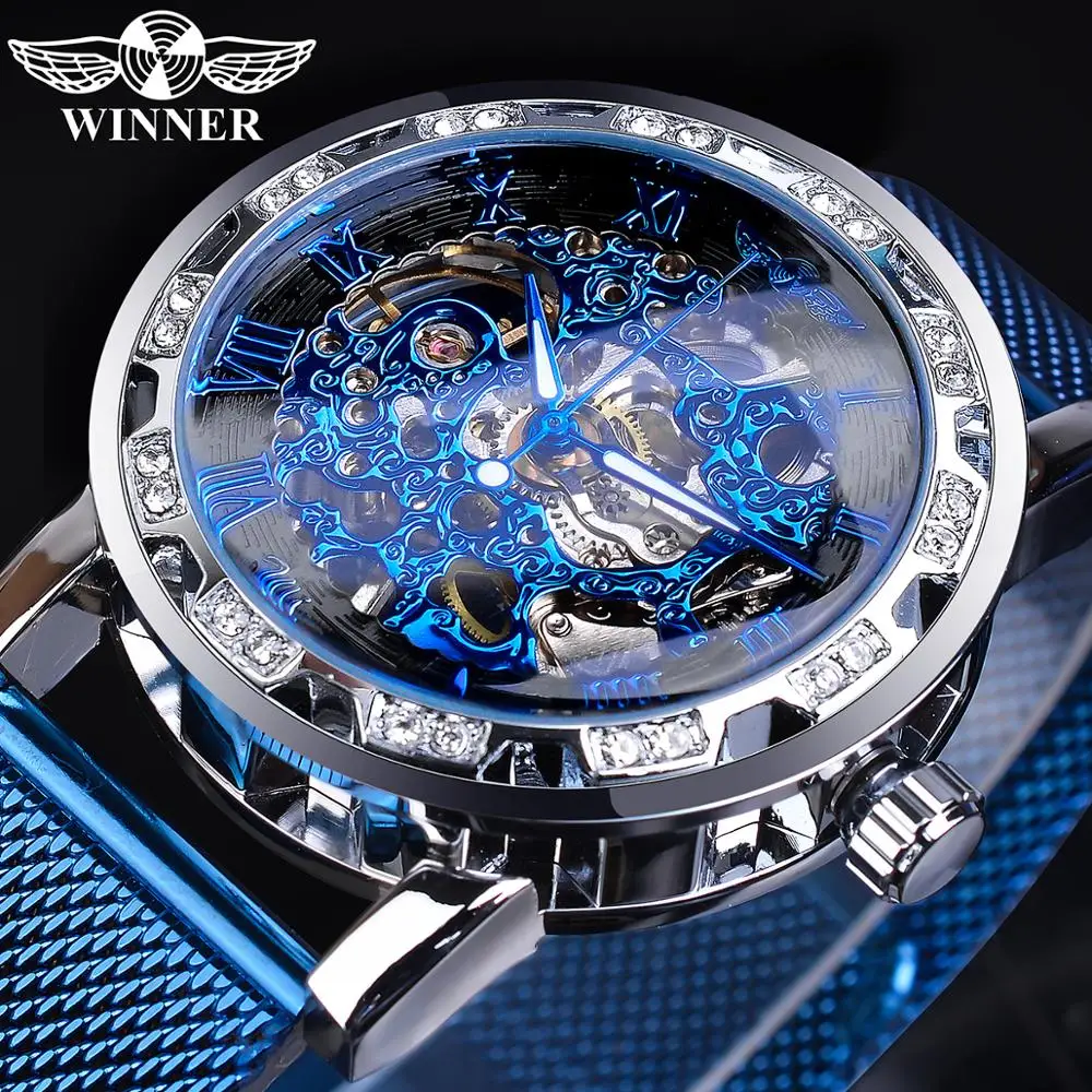 

Winner Watch Diamond Display Men's Business Clock Blue Steel Mechanical Classic Royal Gear Movement Skeleton Mechanical Watches