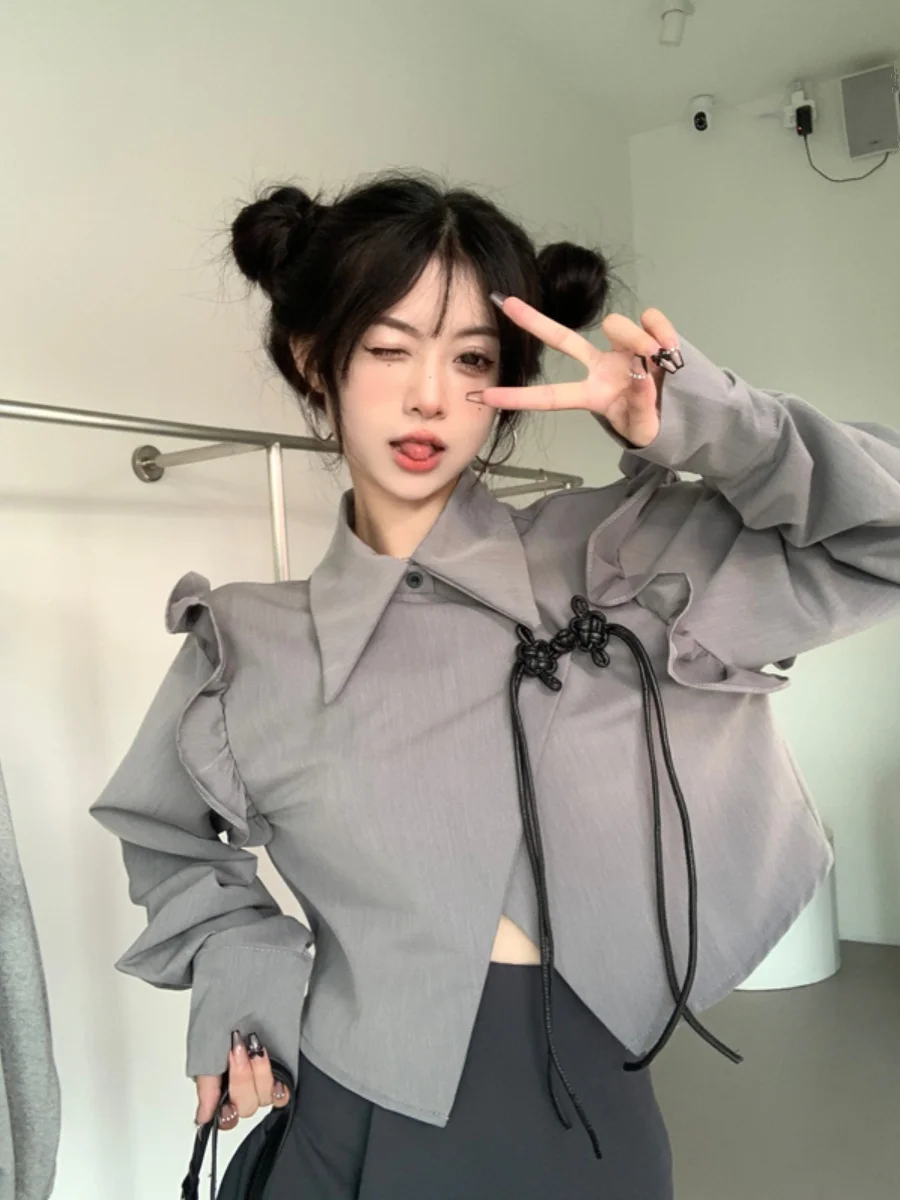 Женская рубашка с длинным рукавом серая Готическая блузка в китайском стиле