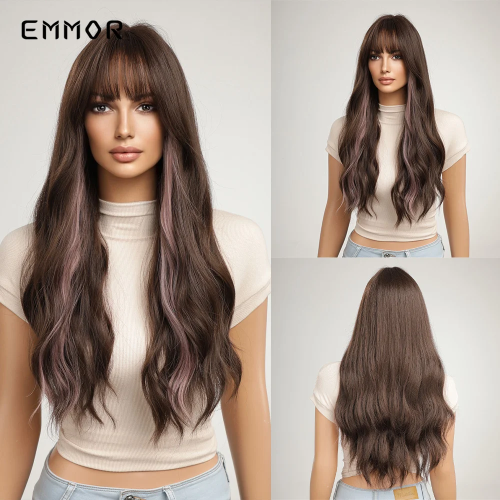 

Emmor Ombre Highlight Brown Pink Wig Synthetic Long Wavy Wigs with Bangs for Women Party Cosplay Natural High Temperature Fiber