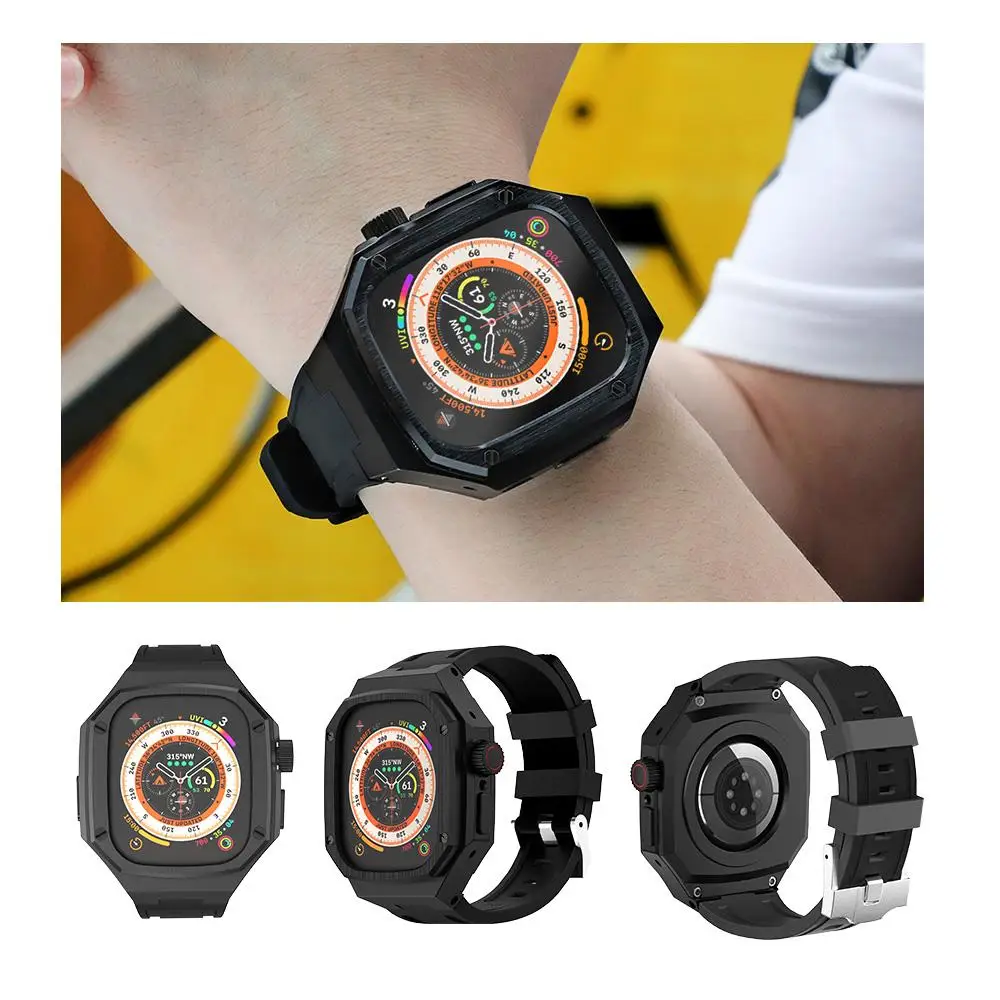 Mod Set Steel Case Strap For Apple Watch Ultra 8 7 6 5 4 49mm 45mm 41mm Rubber Sport Band Metal Modification Kit Glass Protector