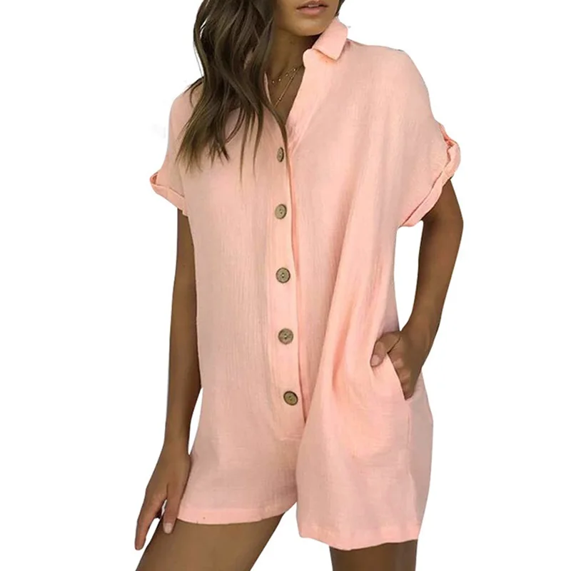 Women Casual Button Up Pockets Rompers 2023 Loose Wide Leg Sexy Jumpsuit Solid Shorts Summer Short Sleeve Linen Casual Playsuit
