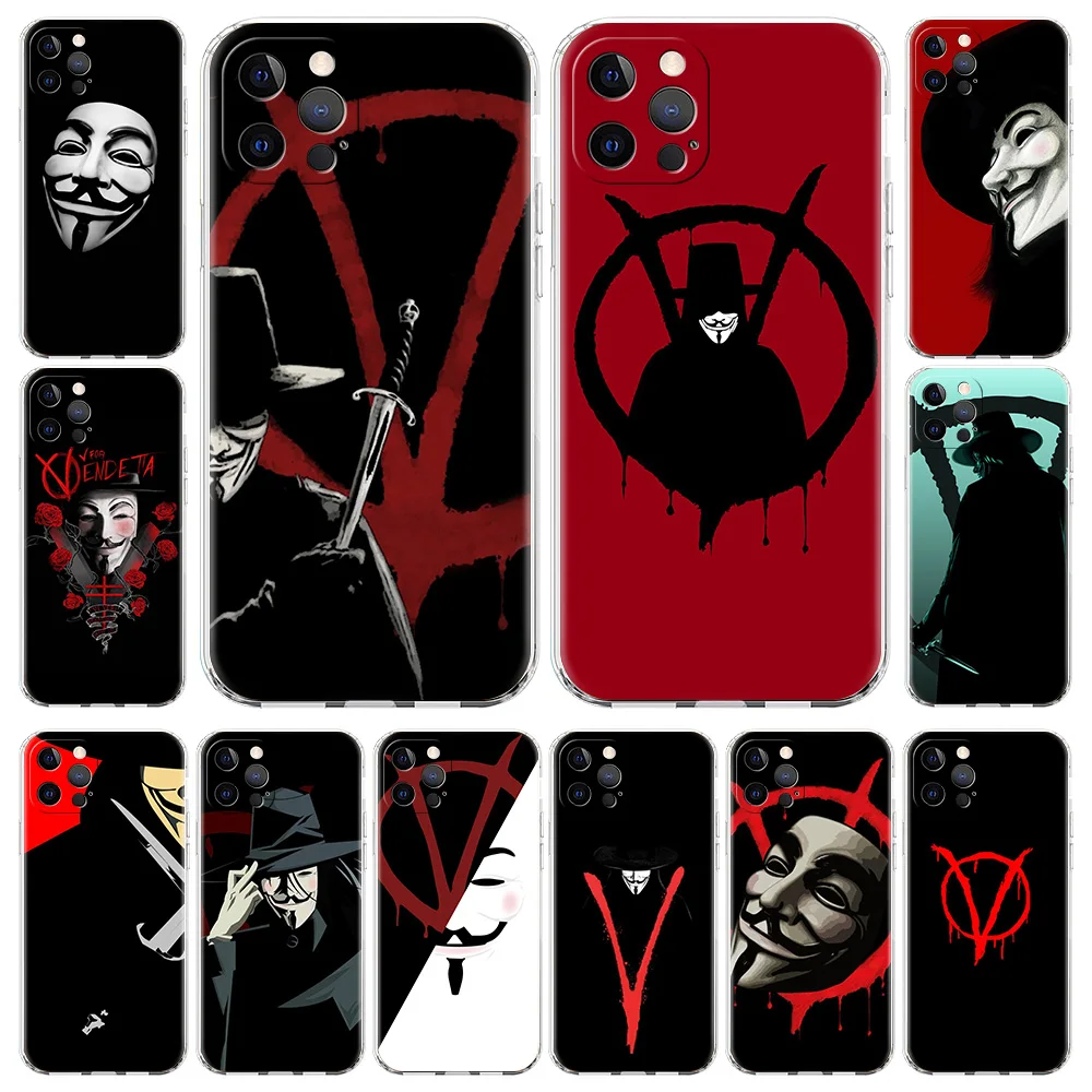 

Luxury Funda Phone Case For iPhone 13 11 12 Pro Max X XR XS 7 8 Plus SE 2020 Clear Silicone Cover Shell V for Vendetta Mask rose