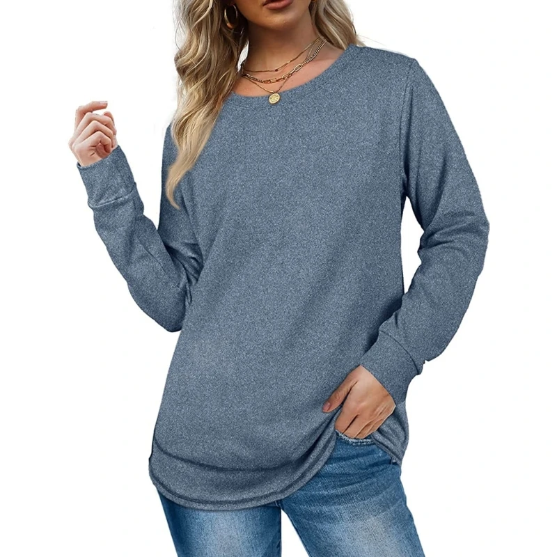 

Womens Autumn Long Sleeve Pullover Tunic Top Round Neck Curved Hem Sweatshirts Casual Loose Running Side Split Shirts