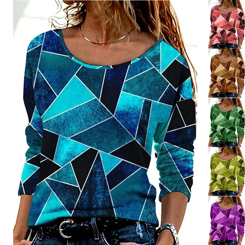 

Женская футболка с геометрическим принтом, Повседневная Свободная футболка с круглым вырезом и длинным рукавом, Осень-зима 2023