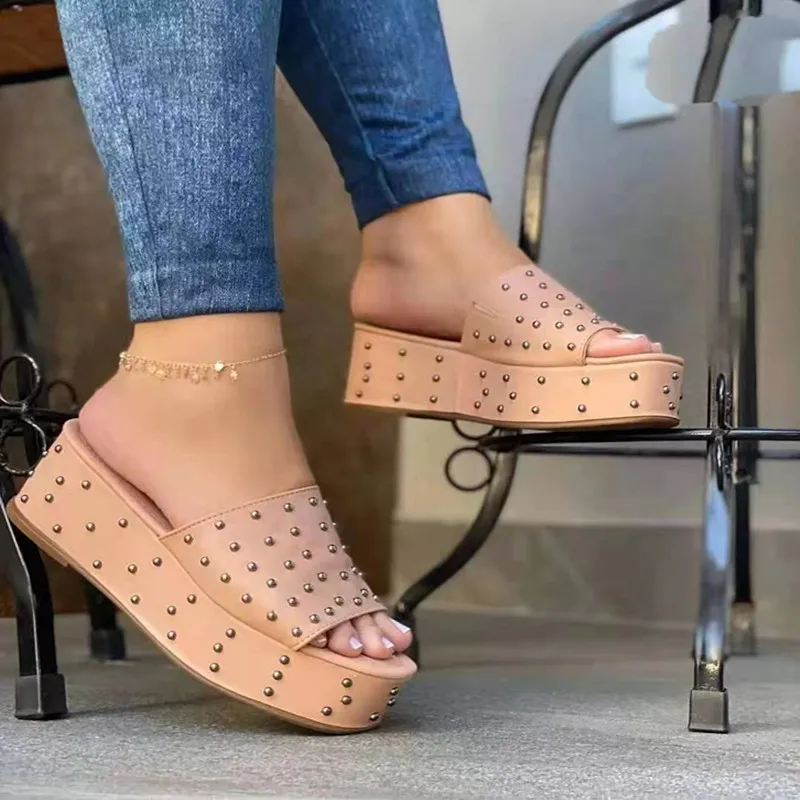 

Hot Sale Ladies Solid Color Wedge Nail Wedge Heel Middle Heel Shoes Women's Slippers Casual Thick Sole Summer Shoes Women