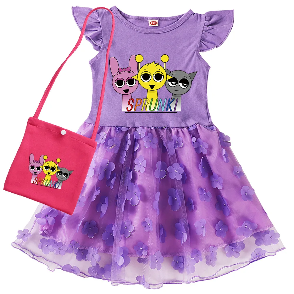 Sprunkis Lovely Cartoon Printed Fly Sleeves Yarn Skirt for Kid Girls Game Beat Boxeses Kawayi Dress Party Costumes