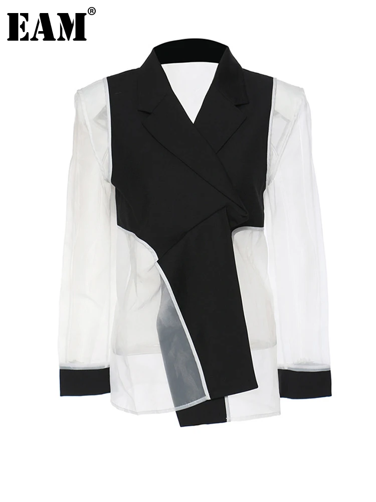 

[EAM] Women Black Organza Perspective Blazer New Lapel Long Sleeve Loose Fit Jacket Fashion Tide Spring Autumn 2023 1DE1683