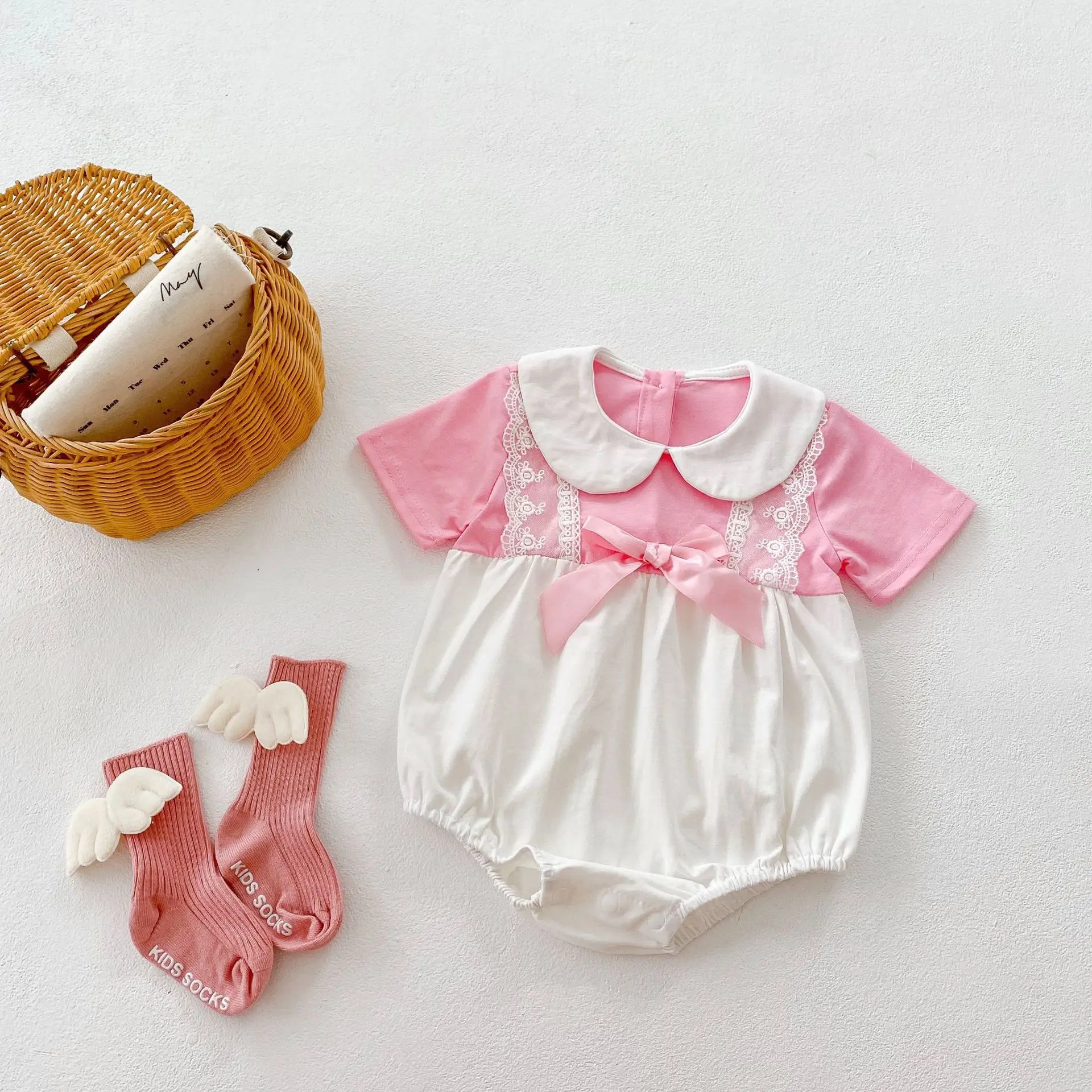 

Cotton Baby Bodysuit Short Sleeve Summer Newborn Girls Jumpsuit Outfits Sweet Pink Bow Toddler Infant Clothing 0-18M Onesie Tops