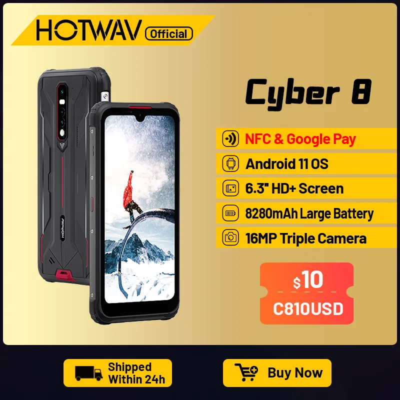 Ceny HOTWAV CYBER 8 4GB 64GB Wodoodporny 8280mAh Wersja Globalna Telefon Komórkowy 16MP Aparat 6.3 Cal NFC Android 11 Wytrzymały Smartfon