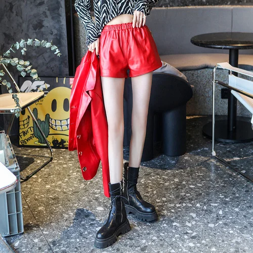 Luxury brand Genuine Women 2023 Spring New Elastic Waist Leather Boots Pants Slim Fit Thin Sheepskin Shorts FCY065