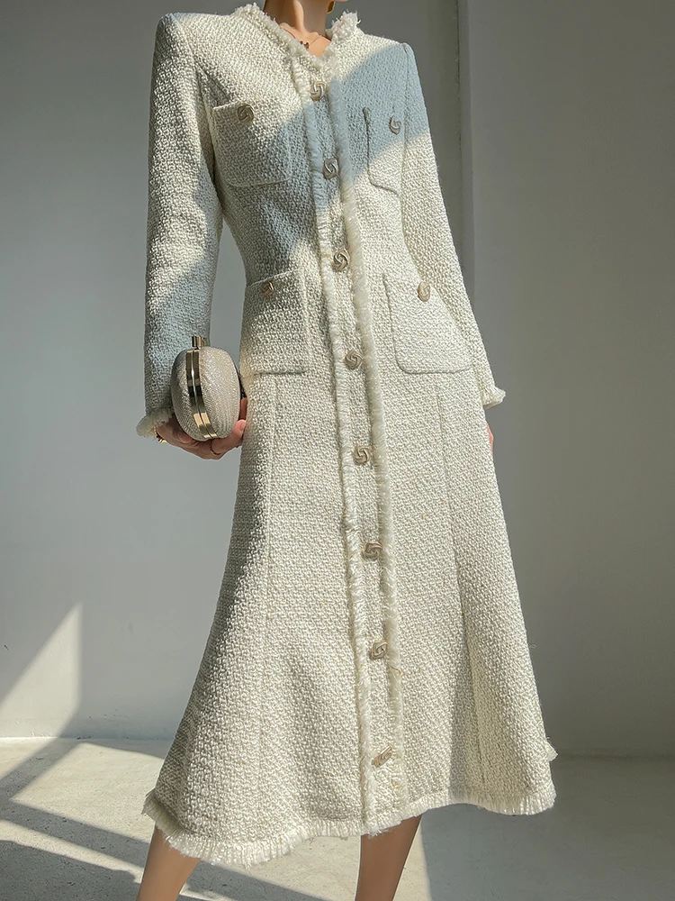 custom French elegant Hepburn style fishtail dress feminine temperament autumn and winter tea length tweed cream dress