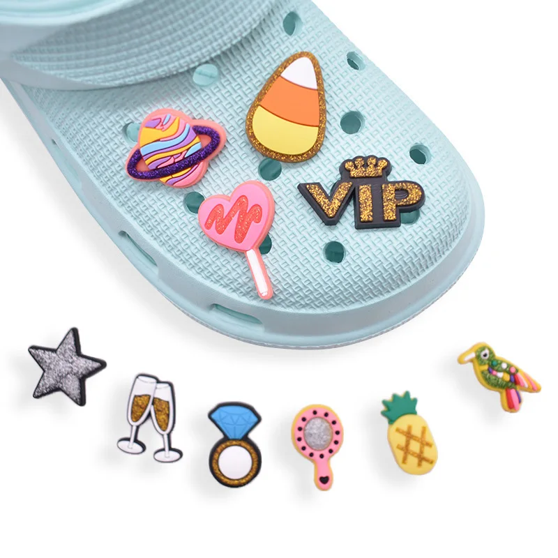 

Hot Sale Shoe Charms Decorations for Croc Jibz 1pcs Wine Glass Pineapple Lightning Lovely Gold Powder Series Shoe Accessorie