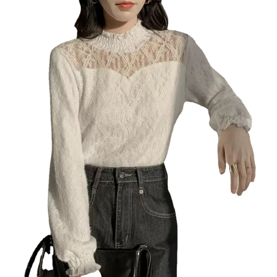 

Женская кружевная блузка с длинным рукавом, элегантная прозрачная блузка с воротником-стойкой, весна-осень 2022