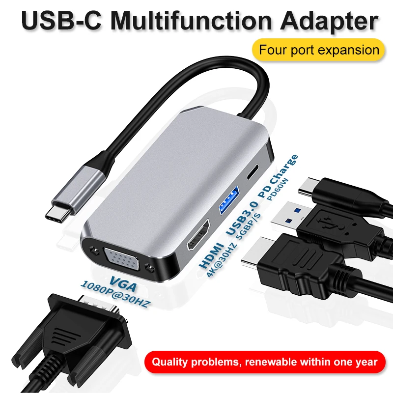 

4 In 1 USB C HUB Type C Adapter To 4K HDMI VGA 1080P USB3.0 PD Charge Hub 4 Port Dock Station PC Laptop Splitter