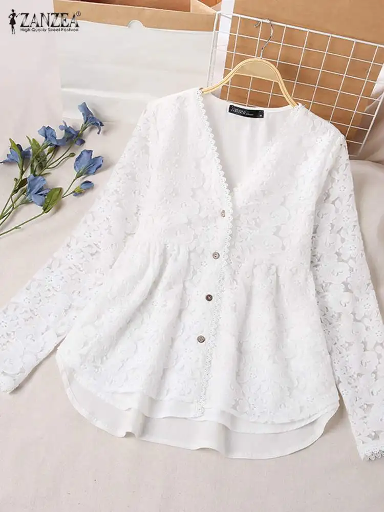 

ZANZEA Women Long Sleeve Shirts 2022 Spring Vintage Lace Patchwork Blouse Casual V-Neck Floral Office Spliced Button Up Blusas