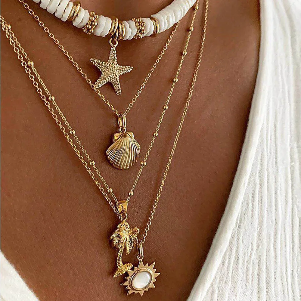 

Fashion Bohemia Soft Clay Shell Star Sun Pendant Chain Layered Necklace for Women Charm Simple Summer Beach Jewelry Girls Gift