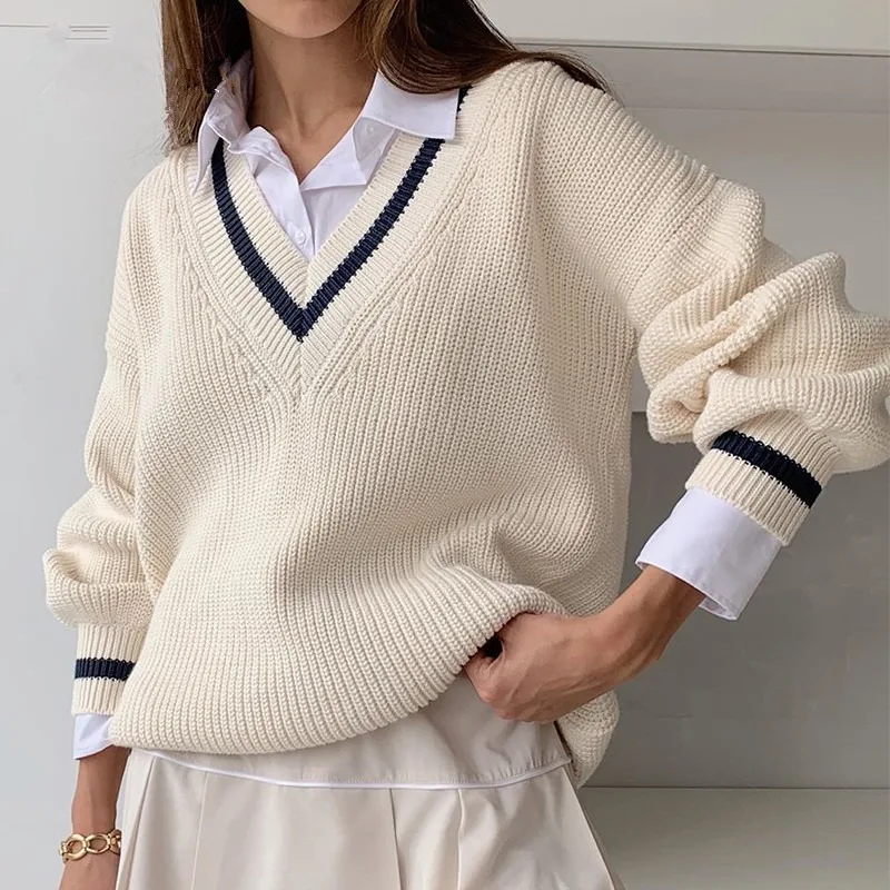 

Свитер Y2k, новинка 2023, женский свободный контрастный свитер с длинными рукавами, Кофта, Женская одежда, женские свитера