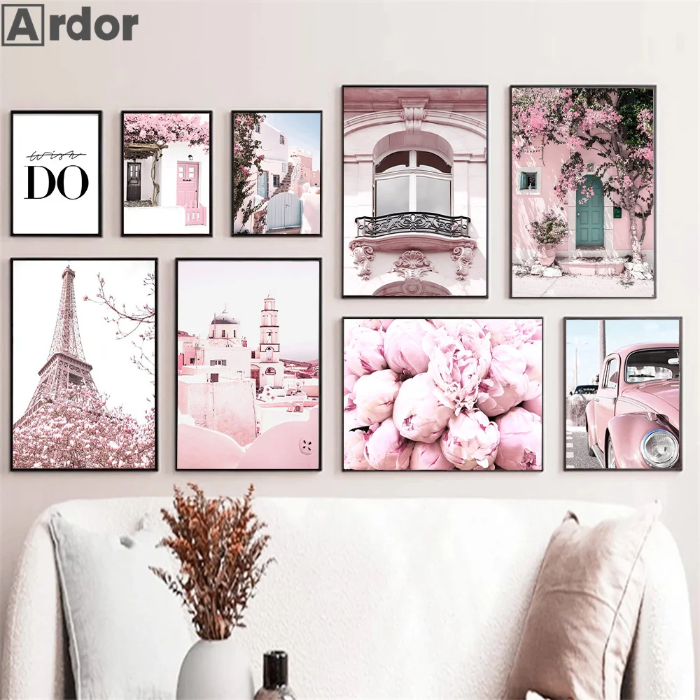 

Pink Paris Eiffel Tower Street Car Posters and Prints Peony Flowers Canvas Painting Nordic Wall Art Pictures Living Room Decor