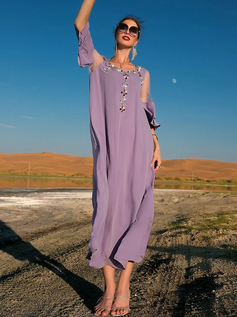 Tulle Sleeve Abaya Long Dress Women Handsewn Rhinestones Moroccan Party Kaftan Muslim Dubai Evening Abayas with Metallic Belt