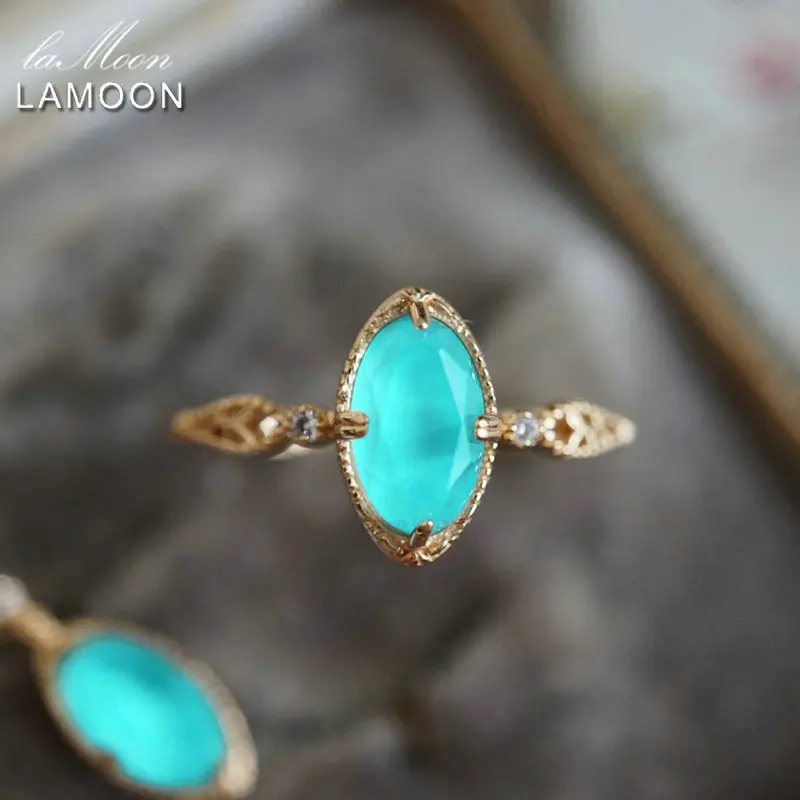LAMOON Vintage Gemstone Ring For Women Natural Clear Crystal Overlaid Turquoise Ring 925 Sterling Silver Gold Vermeil Jewelry
