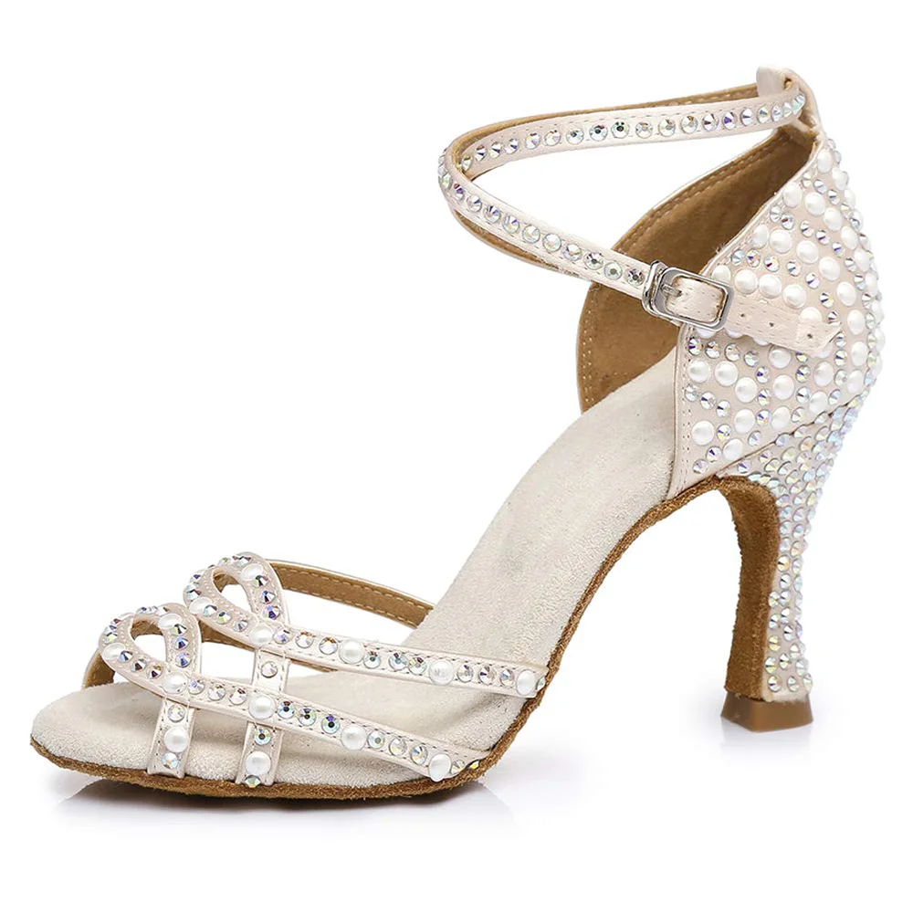 Dance Shoes With Rhinestones Pearls Women Ballroom Latin Dancing Shoes For Girls Latin Dance Shoes Tango Bachata Dance Shoe