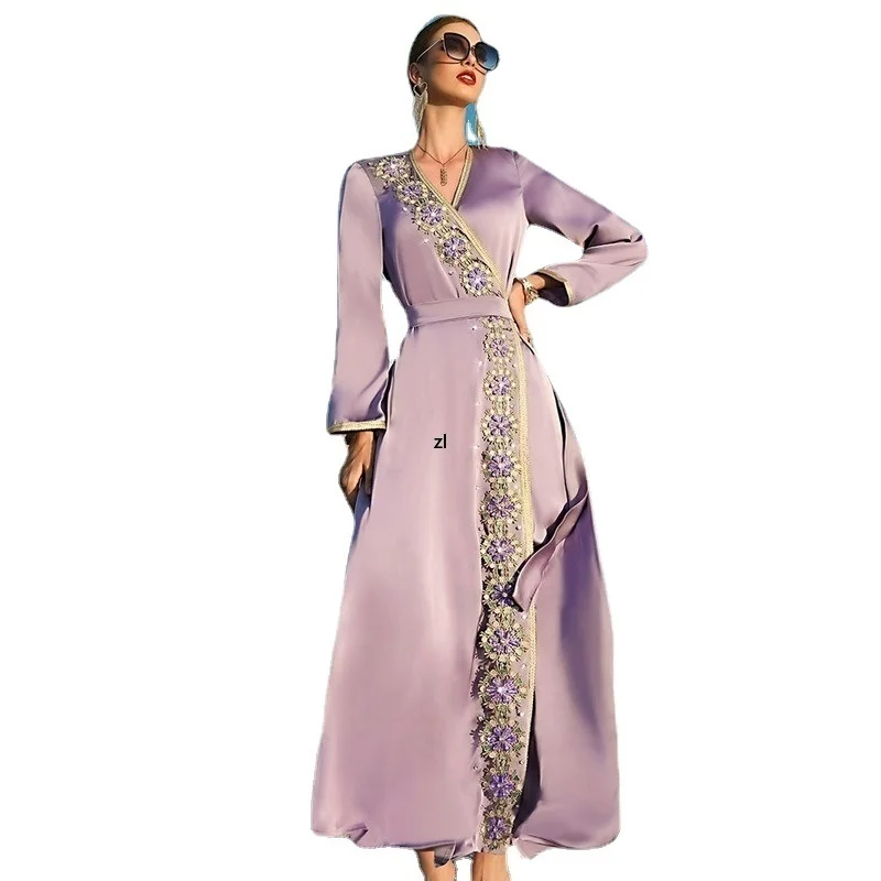 Купи Purple Diamond A-Line Long Sleeve Dress Dubai Muslim Abaya Islam Travel Retro Court Style Spring Elegant Female Robe With Belt за 1,235 рублей в магазине AliExpress