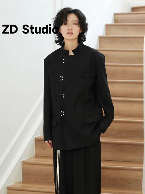 

[ZD Studio] Women Black Buckle Size Blazer New Stand Collar Long Sleeve Loose Fit Jacket Tide Spring Autumn 2023