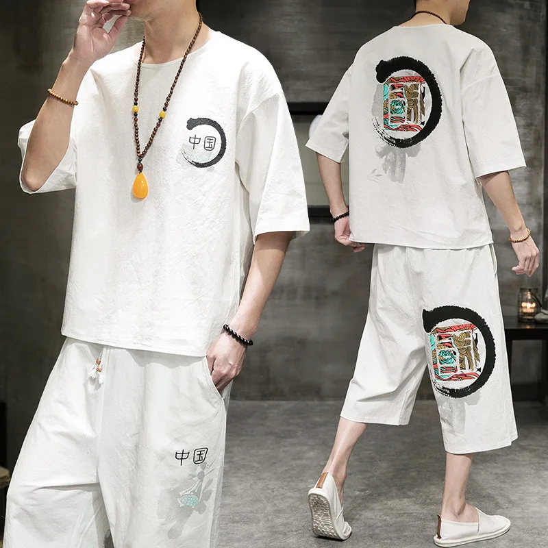 

Chinese style suit New Retro Printed Shorts Short SleeveTT-shirt Men's Fashionable Tang Suit Loose Casual Hanfu Two-Piece Suit