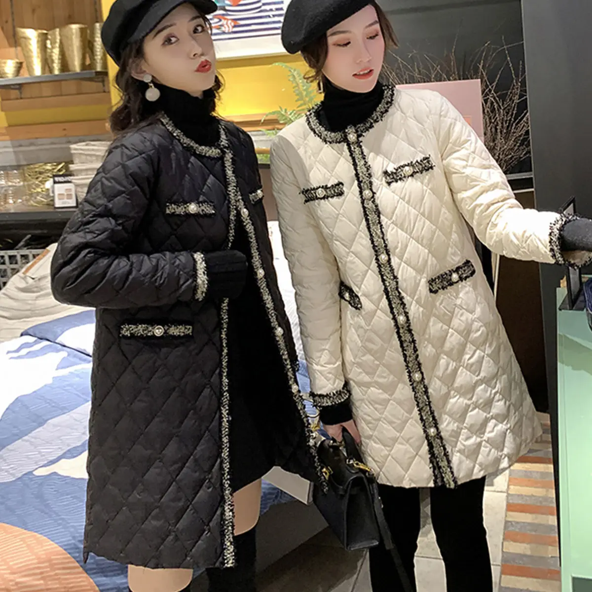 

2021 Winter Wadded Coat Women Elegant O Neck Button Lightweight Long Warm Outerwear Tassels Patchwork Female Black Padded Jacket