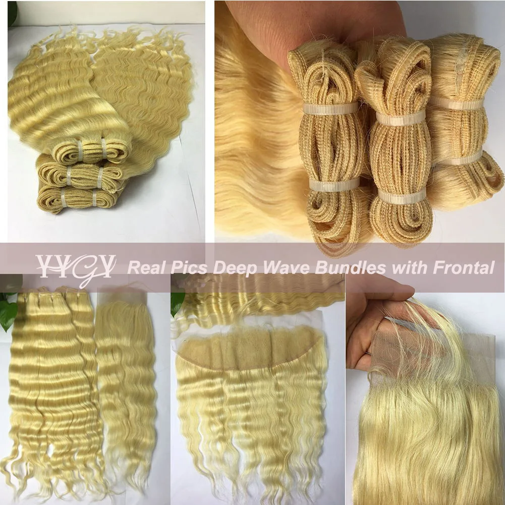613 бразильские человеческие волосы с глубокой волной пряди фронтальной блонд