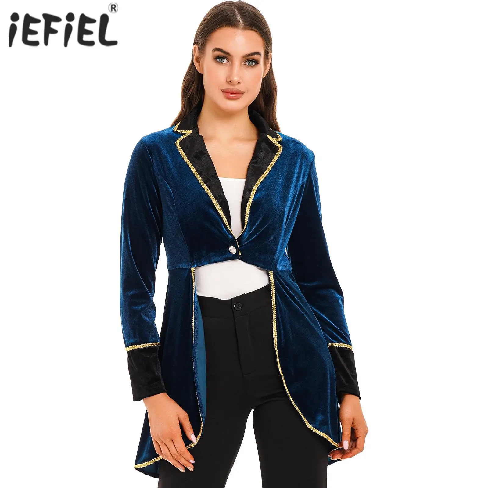

Women Adult Velvet Swallow-Tailed Coat Casual Long Sleeve Lapel Blazers Jacket Carnival Circus Ringmaster Costume Cosplay Outfit