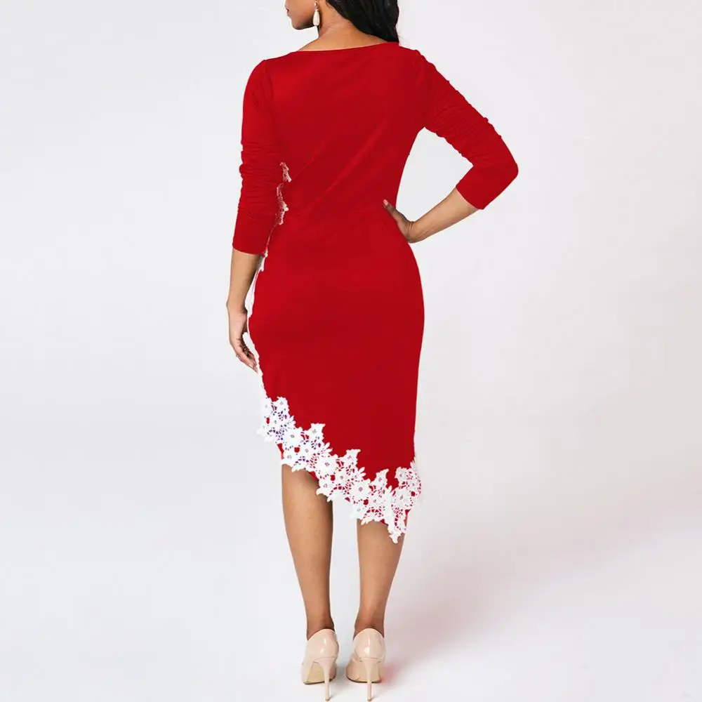 

Plus Size Vintage Women 3/4 Sleeve Lace Patchwork Irregular Hem Bodycon Pencil Dress Bodycon Knee Women Office Pencil Dress