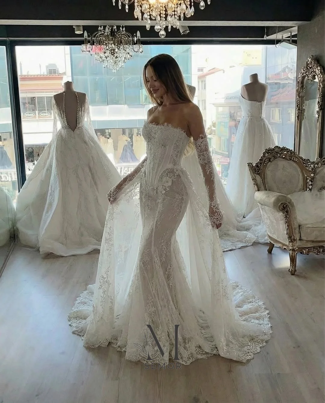 Свадебные платья Semor Elegance с вышивкой бисером и кружевом, фасон «русалка», с 3D цветами, без бретелек, со съемными рукавами, на заказ (art.: 3920db718bd59) - 3920db718bd59