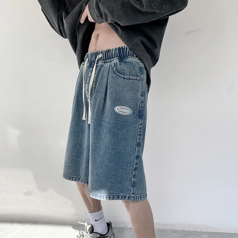 

Korean Style Wide Leg Denim Shorts Male Summer Baggy Straight Fashion Casual Drawstring Short Jeans Ins Street Trend Clothes