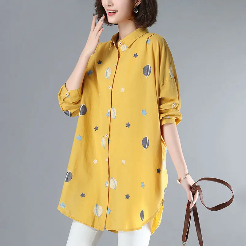 

Autumn New Turn-down Collar Printed Long Sleeve Blouse for Female Fashion Casual Single-breasted Midi Shirt Women's Clothing